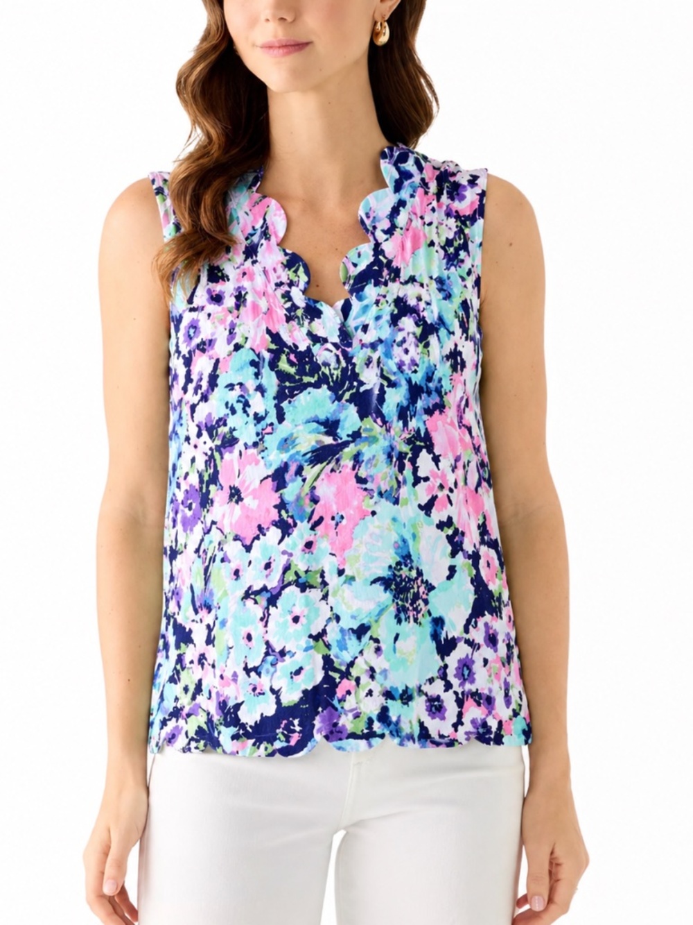 Coastal Romantic Pastel Floral Sleeveless Tank in Navy, Pink, Mint & Purple